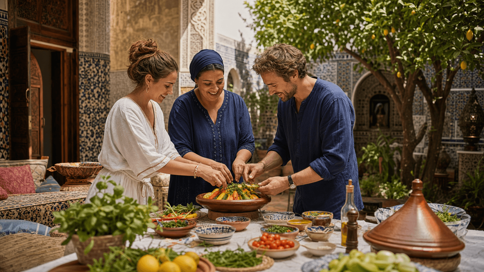 Moroccan cooking and culture activity in a warm courtyard