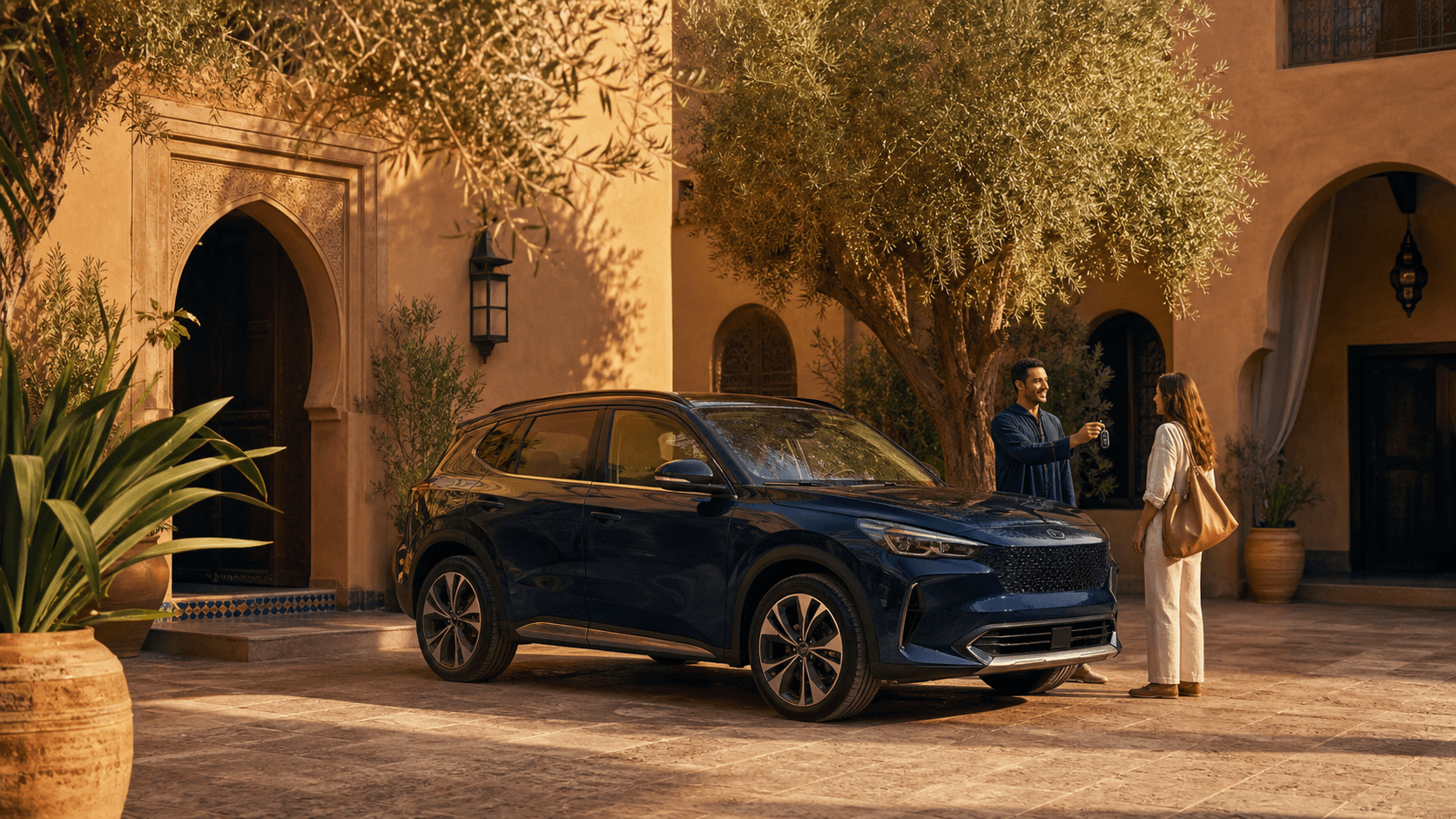 Car rental handover with SUV and sedan options in Moroccan courtyard