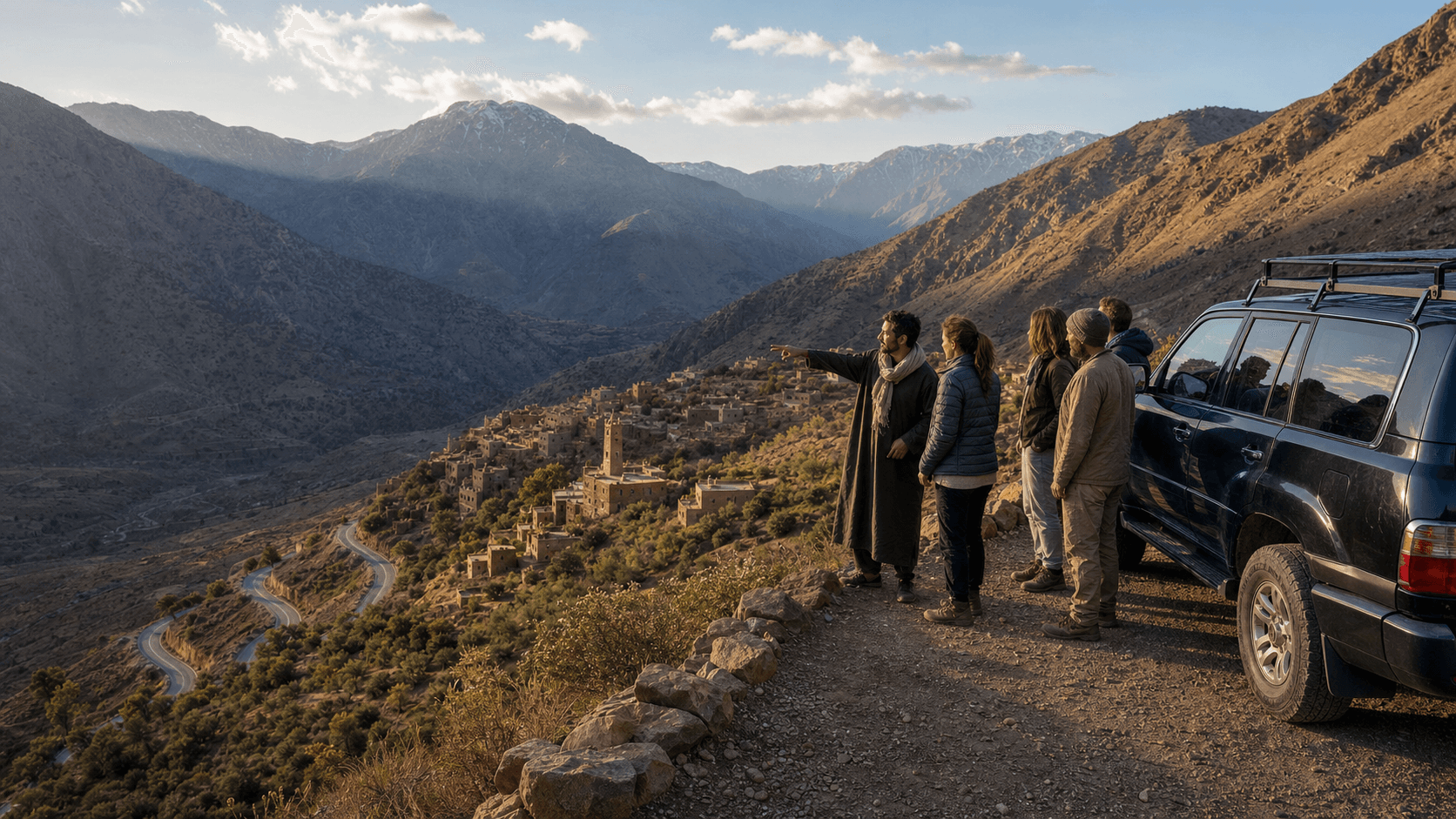 Private daytrip route stop overlooking Moroccan mountains